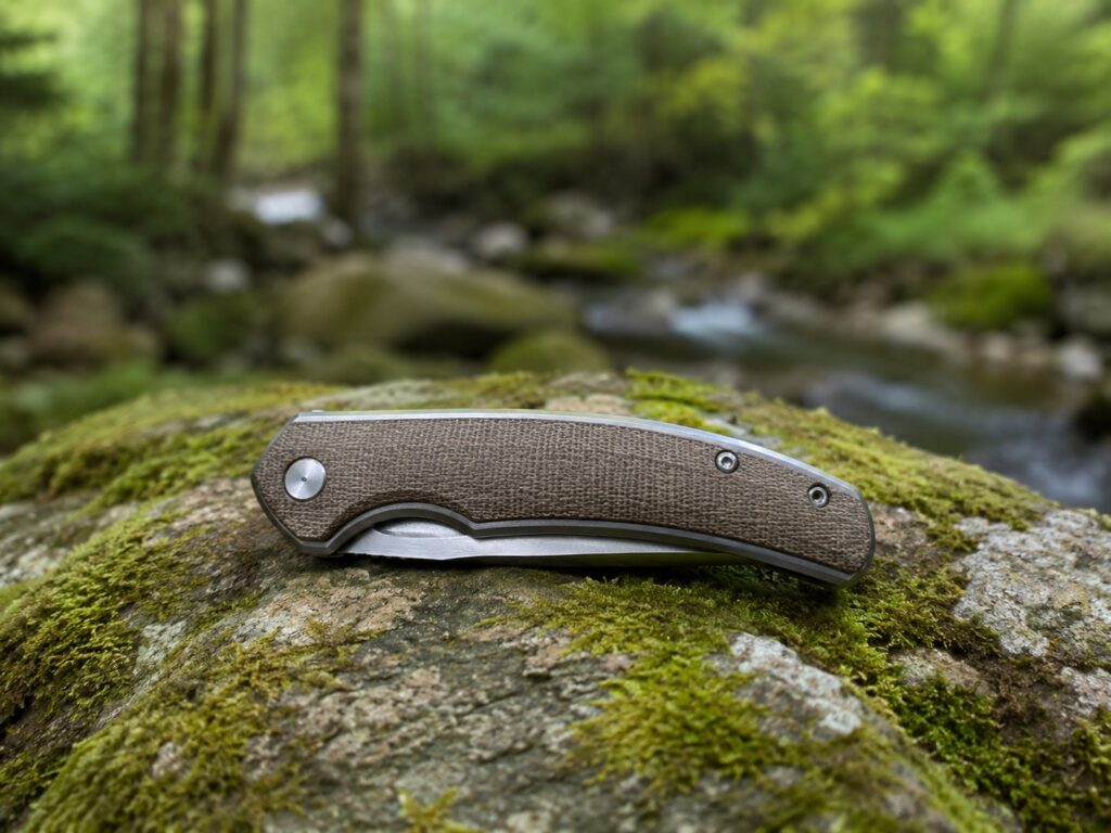 Self Defense Knife for Beginners Image with a Knife on a Rock with Moss.