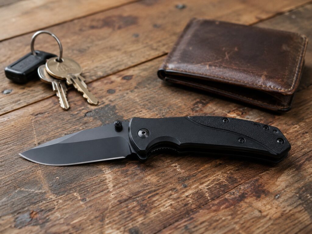 Image for the blog Self Defense Knives with a wallet keys and knife.