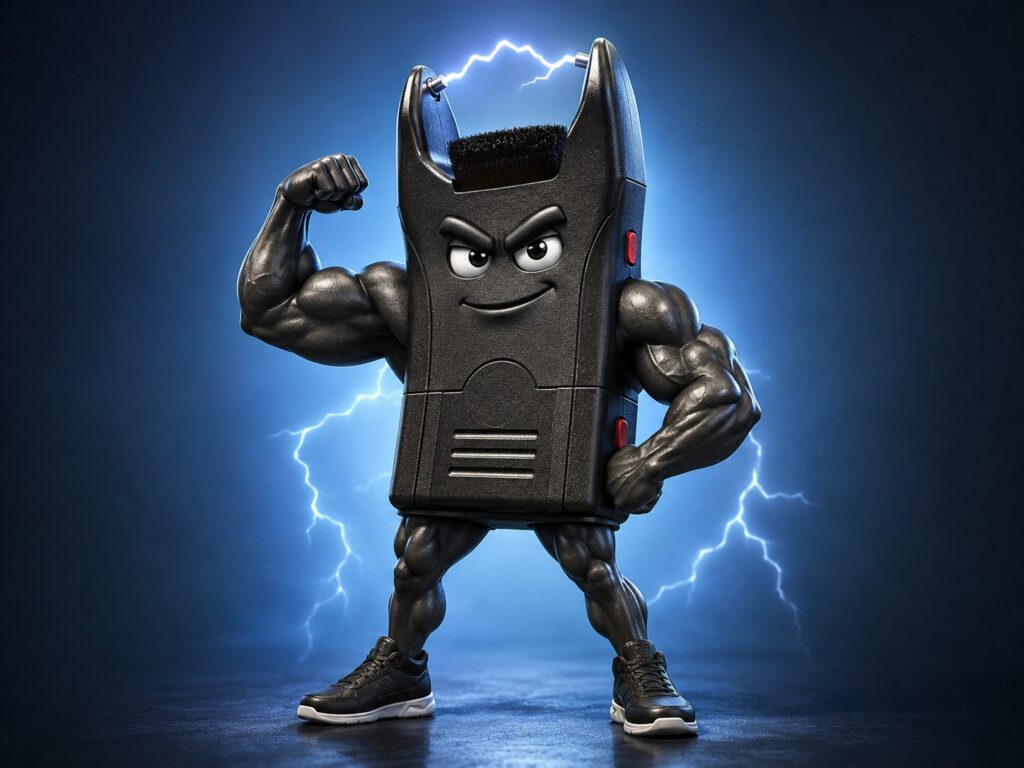 Cartoon muscular stun gun character with biceps, legs, flattop haircut, and electric sparks