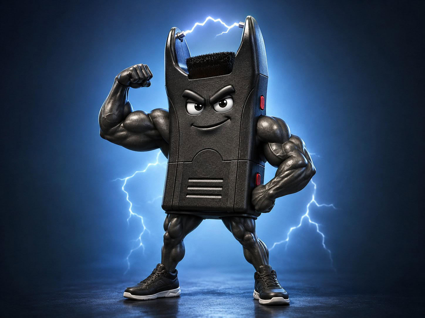 Cartoon muscular stun gun character with biceps, legs, flattop haircut, and electric sparks