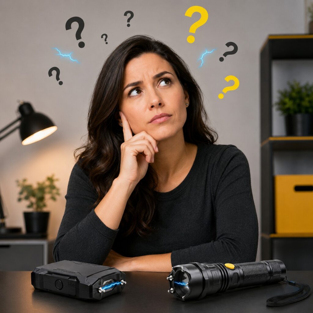 Woman looking confused while comparing two stun guns on a table