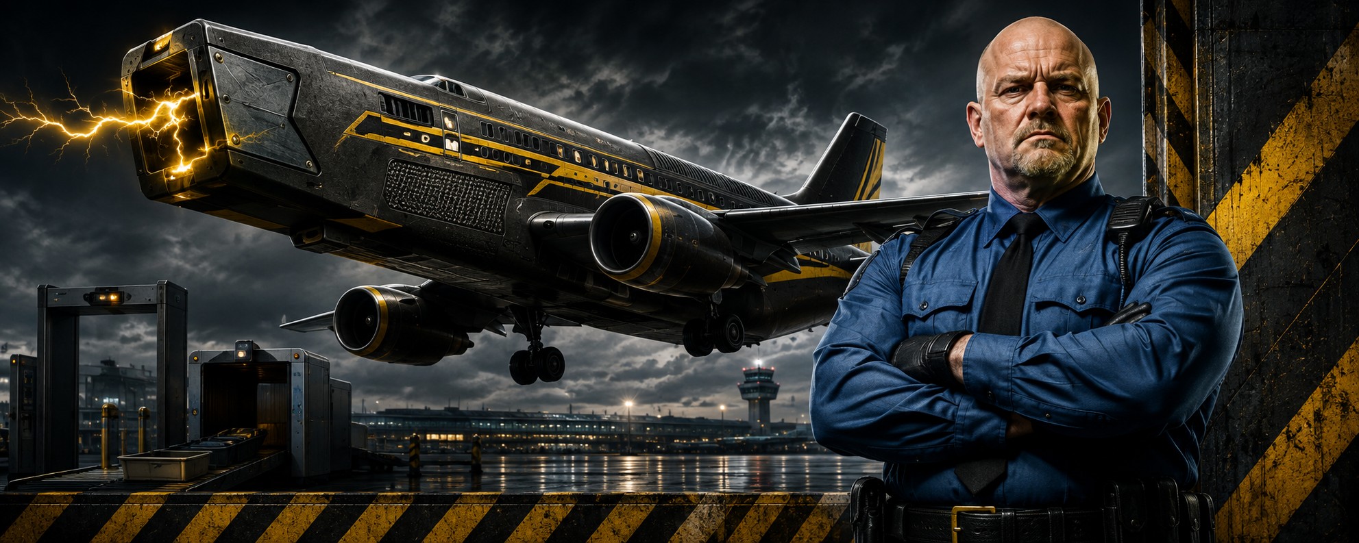Dramatic illustration of a commercial airplane designed to look like a stun gun, flying above an airport security checkpoint while a stern security officer stands with arms crossed in the foreground.