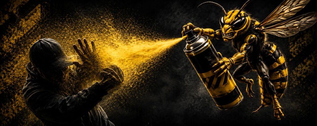 A mean wasp spraying a human