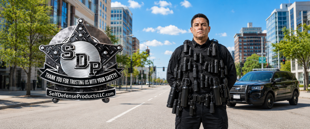 Police officer wearing a tactical vest and duty belt loaded with pepper spray.